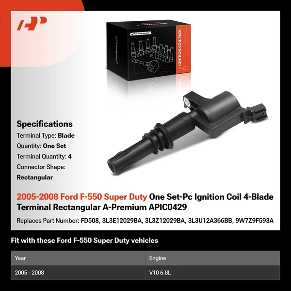 2005-2008 Ford F-550 Super Duty One Set-Pc Ignition Coil 4-Blade Terminal Rectangular A-Premium APIC0429