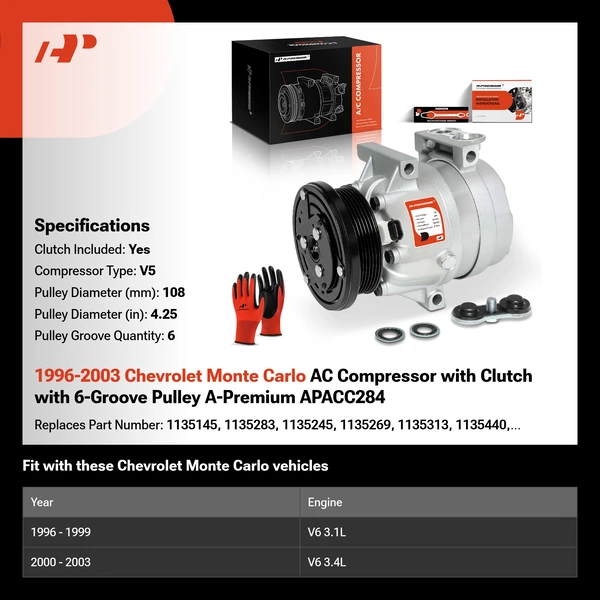 1996-2003 Chevrolet Monte Carlo AC Compressor with Clutch with 6-Groove Pulley A-Premium APACC284