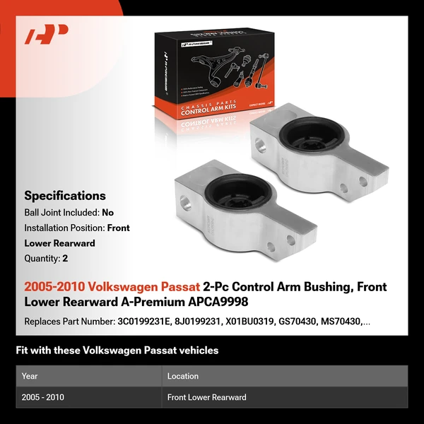 2005-2010 Volkswagen Passat 2-Pc Control Arm Bushing, Front Lower Rearward A-Premium APCA9998