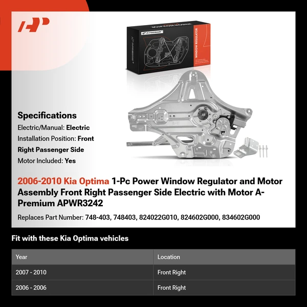 2006-2010 Kia Optima 1-Pc Power Window Regulator and Motor Assembly Front Right Passenger Side Electric with Motor A-Premium APWR3242