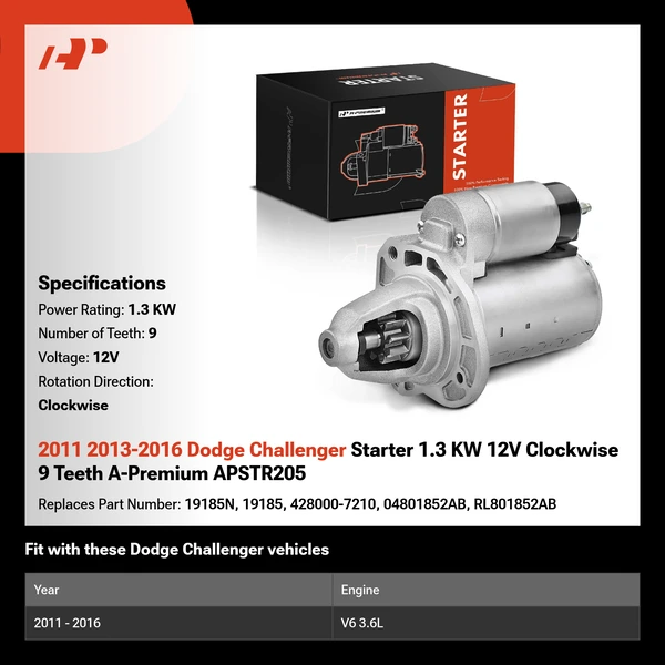 2011 2013-2016 Dodge Challenger Starter 1.3 KW 12V Clockwise 9 Teeth A-Premium APSTR205
