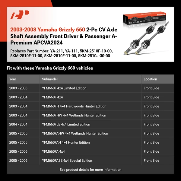 2003-2008 Yamaha Grizzly 660 2-Pc CV Axle Shaft Assembly Front Driver & Passenger A-Premium APCVA2024