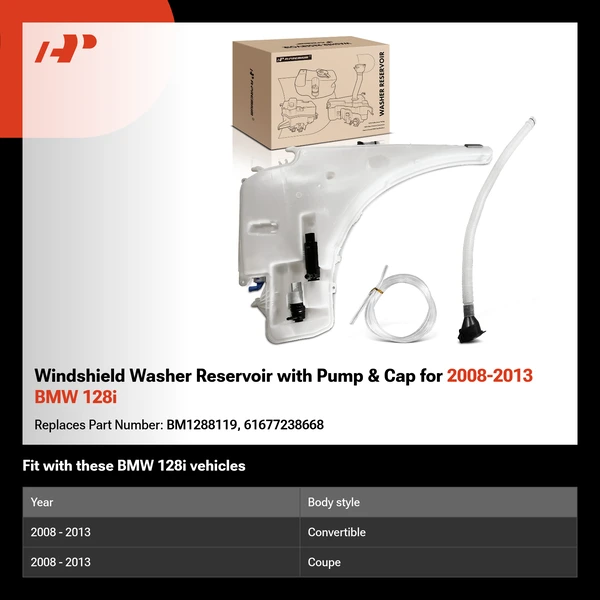 Windshield Washer Reservoir with Pump & Cap for 2008-2013 BMW 128i