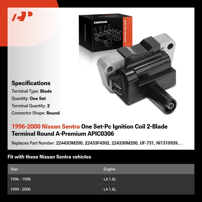 1996-2000 Nissan Sentra One Set-Pc Ignition Coil 2-Blade Terminal Round A-Premium APIC0306