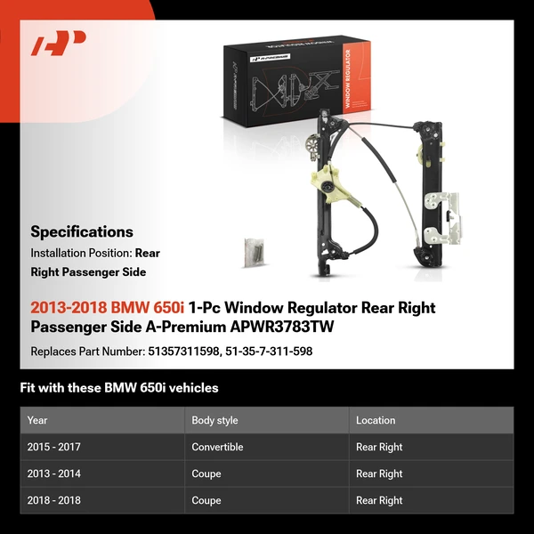 2013-2018 BMW 650i 1-Pc Window Regulator Rear Right Passenger Side A-Premium APWR3783TW