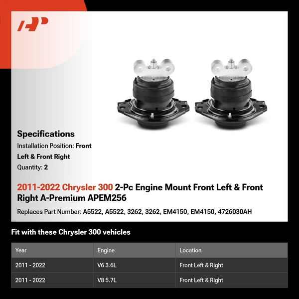 2011-2022 Chrysler 300 2-Pc Engine Mount Front Left & Front Right A-Premium APEM256