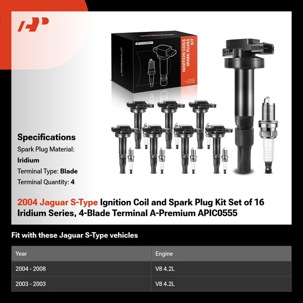 2004 Jaguar S-Type Ignition Coil and Spark Plug Kit Set of 16 Iridium Series, 4-Blade Terminal A-Premium APIC0555