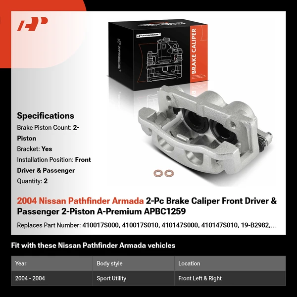 2004 Nissan Pathfinder Armada 2-Pc Brake Caliper Front Driver & Passenger 2-Piston A-Premium APBC1259