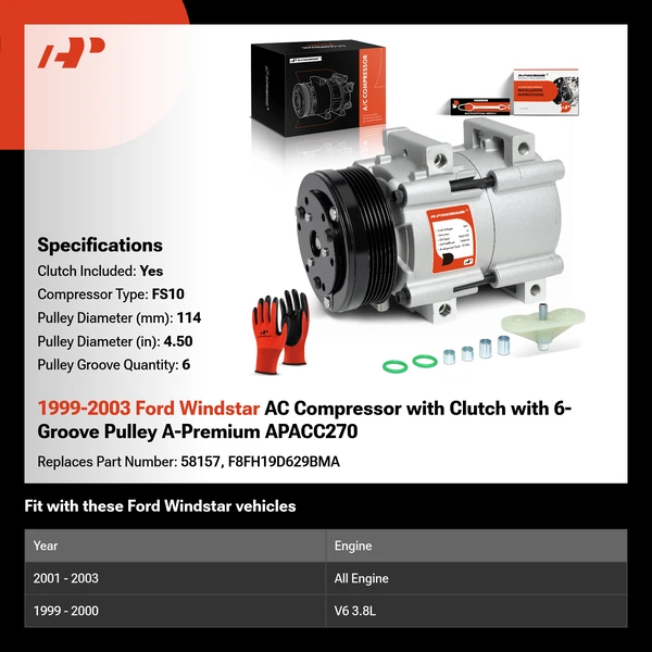 1999-2003 Ford Windstar AC Compressor with Clutch with 6-Groove Pulley A-Premium APACC270