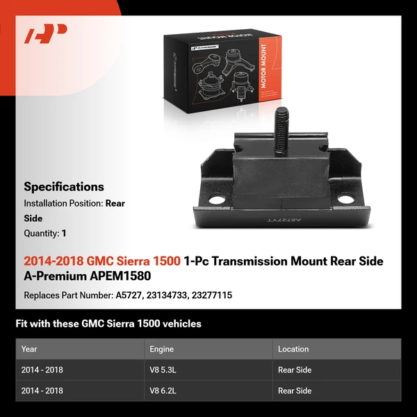 2014-2018 GMC Sierra 1500 1-Pc Transmission Mount Rear Side A-Premium APEM1580