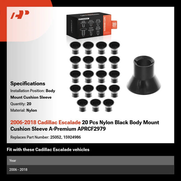2006-2018 Cadillac Escalade 20 Pcs Nylon Black Body Mount Cushion Sleeve A-Premium APRCF2979