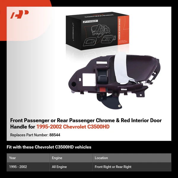 Front Passenger or Rear Passenger Chrome & Red Interior Door Handle for 1995-2002 Chevrolet C3500HD