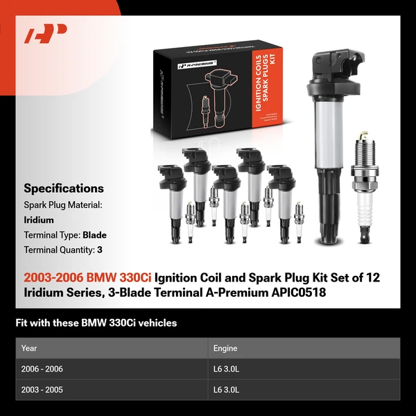 2003-2006 BMW 330Ci Ignition Coil and Spark Plug Kit Set of 12 Iridium Series, 3-Blade Terminal A-Premium APIC0518