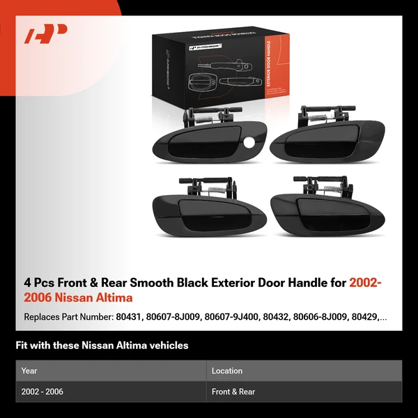 4 Pcs Front & Rear Smooth Black Exterior Door Handle for 2002-2006 Nissan Altima