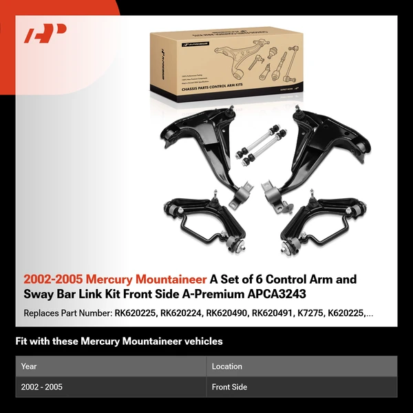 2002-2005 Mercury Mountaineer A Set of 6 Control Arm and Sway Bar Link Kit Front Side A-Premium APCA3243