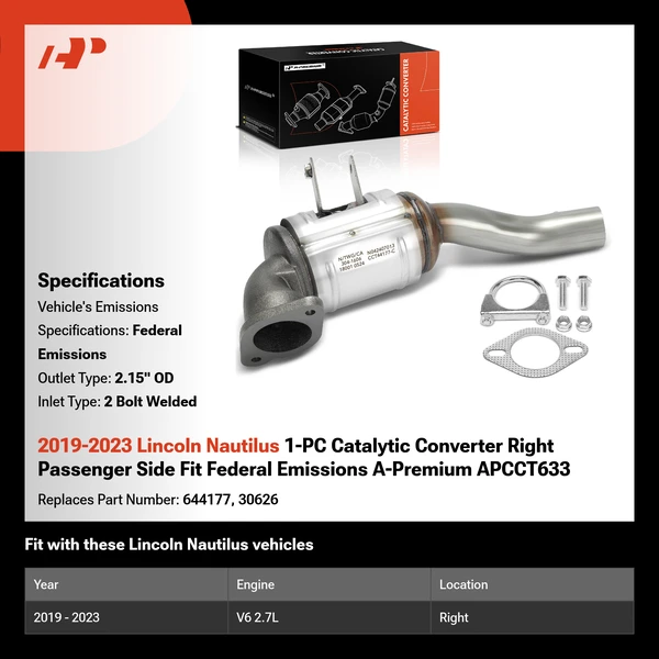 2019-2023 Lincoln Nautilus 1-PC Catalytic Converter Right Passenger Side Fit Federal Emissions A-Premium APCCT633