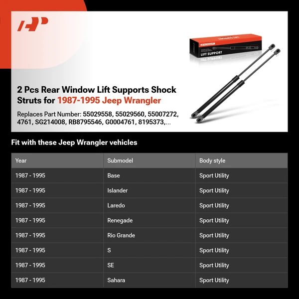 2 Pcs Rear Window Lift Supports Shock Struts for 1987-1995 Jeep Wrangler