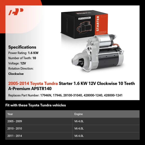 2005-2014 Toyota Tundra Starter 1.6 KW 12V Clockwise 10 Teeth A-Premium APSTR140