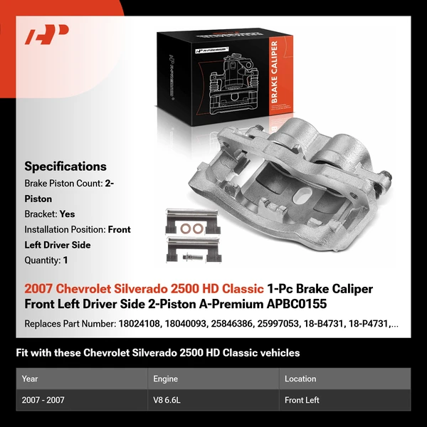 2007 Chevrolet Silverado 2500 HD Classic 1-Pc Brake Caliper Front Left Driver Side 2-Piston A-Premium APBC0155