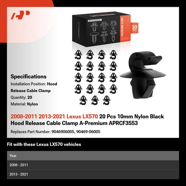 2008-2011 2013-2021 Lexus LX570 20 Pcs 10mm Nylon Black Hood Release Cable Clamp A-Premium APRCF3553