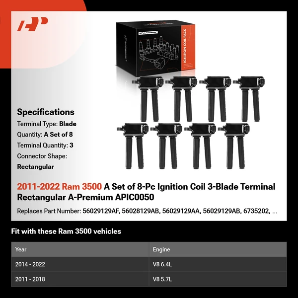 2011-2022 Ram 3500 A Set of 8-Pc Ignition Coil 3-Blade Terminal Rectangular A-Premium APIC0050