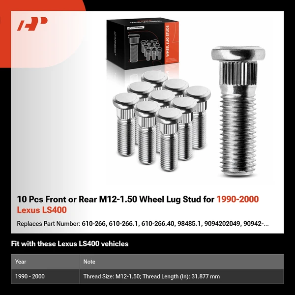 10 Pcs Front or Rear M12-1.50 Wheel Lug Stud for 1990-2000 Lexus LS400
