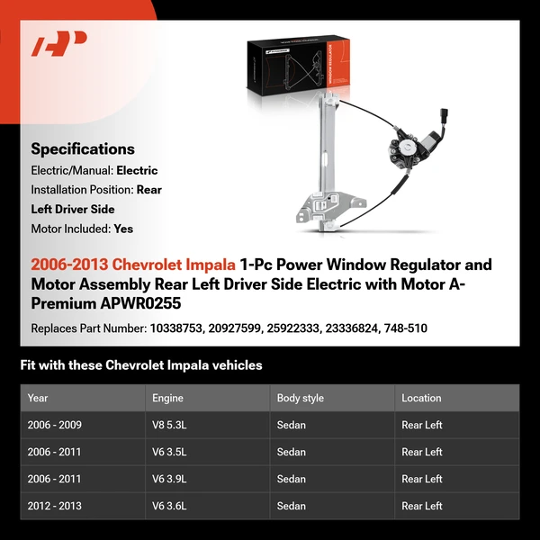 2006-2013 Chevrolet Impala 1-Pc Power Window Regulator and Motor Assembly Rear Left Driver Side Electric with Motor A-Premium APWR0255