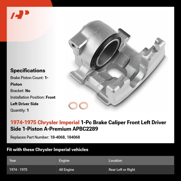 1974-1975 Chrysler Imperial 1-Pc Brake Caliper Front Left Driver Side 1-Piston A-Premium APBC2289