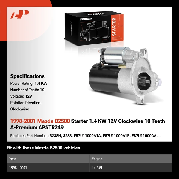 1998-2001 Mazda B2500 Starter 1.4 KW 12V Clockwise 10 Teeth A-Premium APSTR249