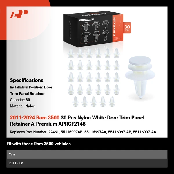 2011-2024 Ram 3500 30 Pcs Nylon White Door Trim Panel Retainer A-Premium APRCF2148