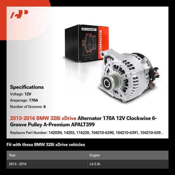 2013-2016 BMW 328i xDrive Alternator 170A 12V Clockwise 6-Groove Pulley A-Premium APALT399