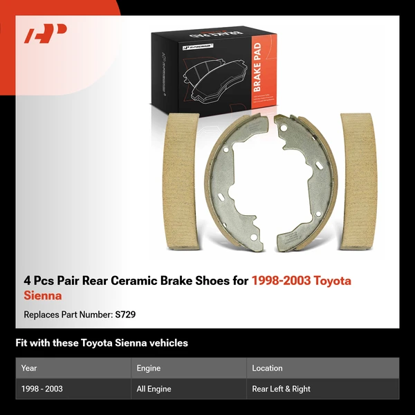 4 Pcs Pair Rear Ceramic Brake Shoes for 1998-2003 Toyota Sienna
