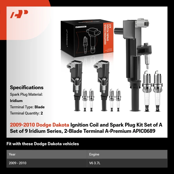 2009-2010 Dodge Dakota Ignition Coil and Spark Plug Kit Set of A Set of 9 Iridium Series, 2-Blade Terminal A-Premium APIC0689