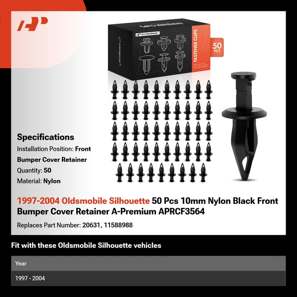 1997-2004 Oldsmobile Silhouette 50 Pcs 10mm Nylon Black Front Bumper Cover Retainer A-Premium APRCF3564