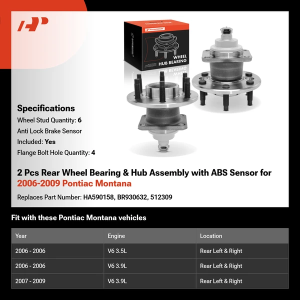 2 Pcs Rear Wheel Bearing & Hub Assembly with ABS Sensor for 2006-2009 Pontiac Montana