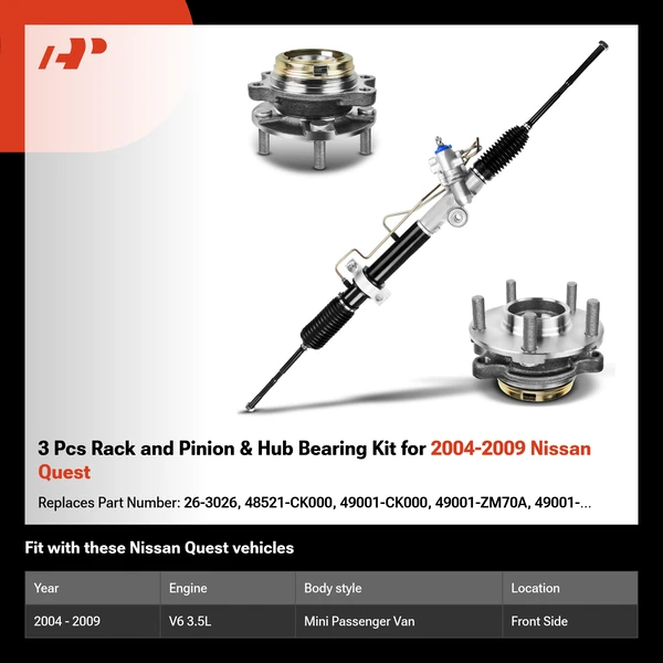 3 Pcs Rack and Pinion & Hub Bearing Kit for 2004-2009 Nissan Quest