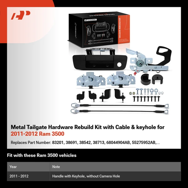 Metal Tailgate Hardware Rebuild Kit with Cable & keyhole for 2011-2012 Ram 3500