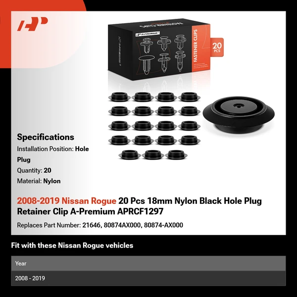2008-2019 Nissan Rogue 20 Pcs 18mm Nylon Black Hole Plug Retainer Clip A-Premium APRCF1297