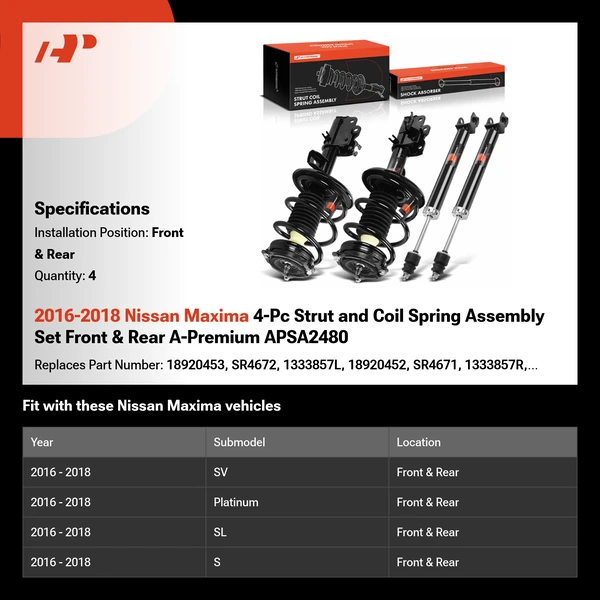 2016-2018 Nissan Maxima 4-Pc Strut and Coil Spring Assembly Set Front & Rear A-Premium APSA2480