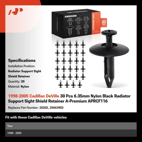 1998-2005 Cadillac DeVille 30 Pcs 6.35mm Nylon Black Radiator Support Sight Shield Retainer A-Premium APRCF116