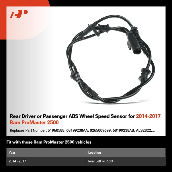 Rear Driver or Passenger ABS Wheel Speed Sensor for 2014-2017 Ram ProMaster 2500