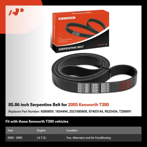 85.86 inch Serpentine Belt for 2005 Kenworth T300