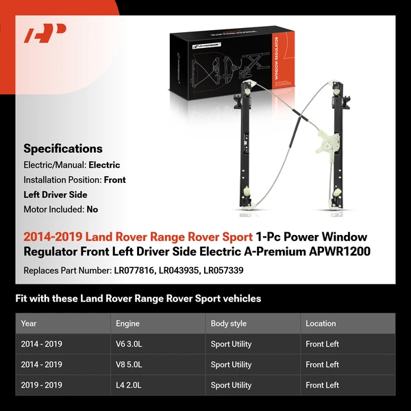 2014-2019 Land Rover Range Rover Sport 1-Pc Power Window Regulator Front Left Driver Side Electric A-Premium APWR1200