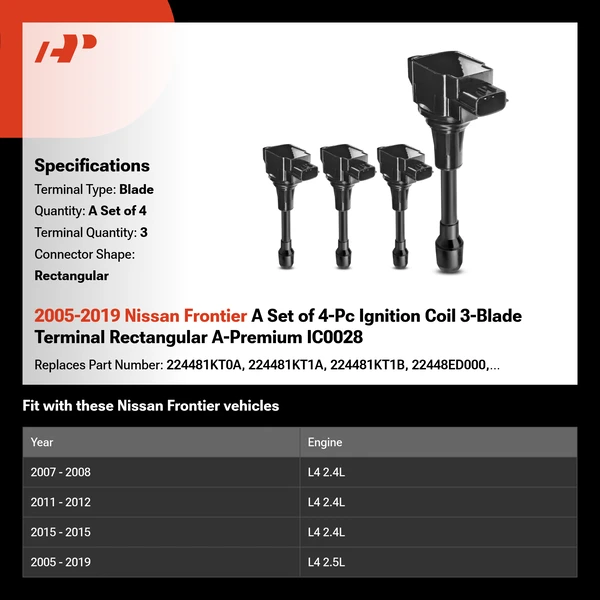 2005-2019 Nissan Frontier A Set of 4-Pc Ignition Coil 3-Blade Terminal Rectangular A-Premium IC0028