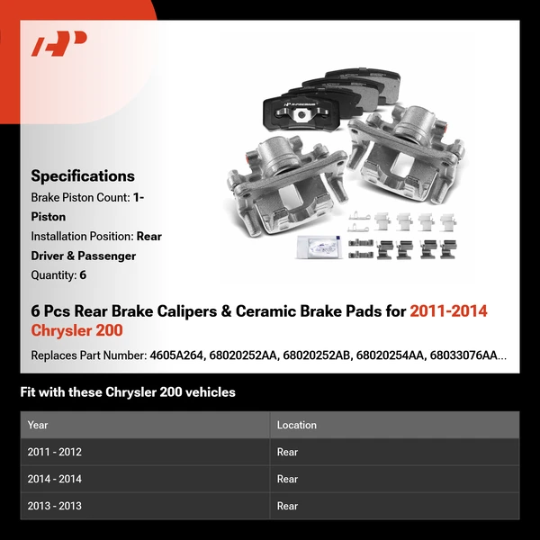 6 Pcs Rear Brake Calipers & Ceramic Brake Pads for 2011-2014 Chrysler 200