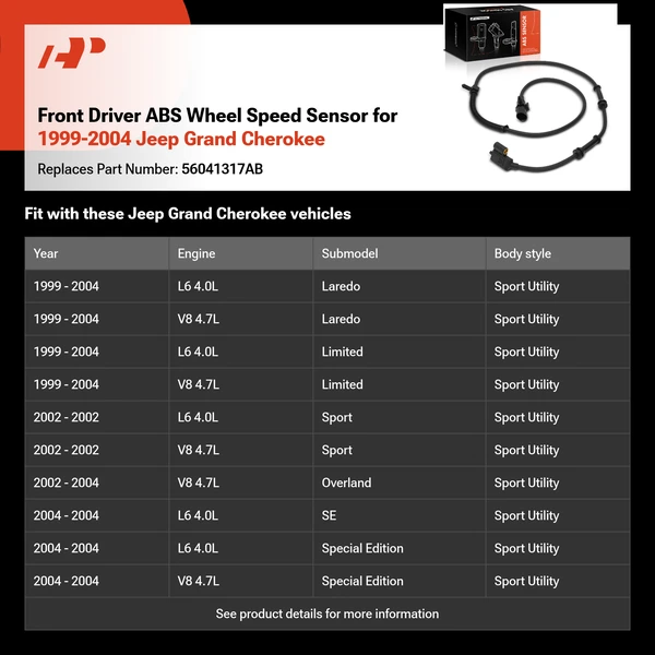 Front Driver ABS Wheel Speed Sensor for 1999-2004 Jeep Grand Cherokee