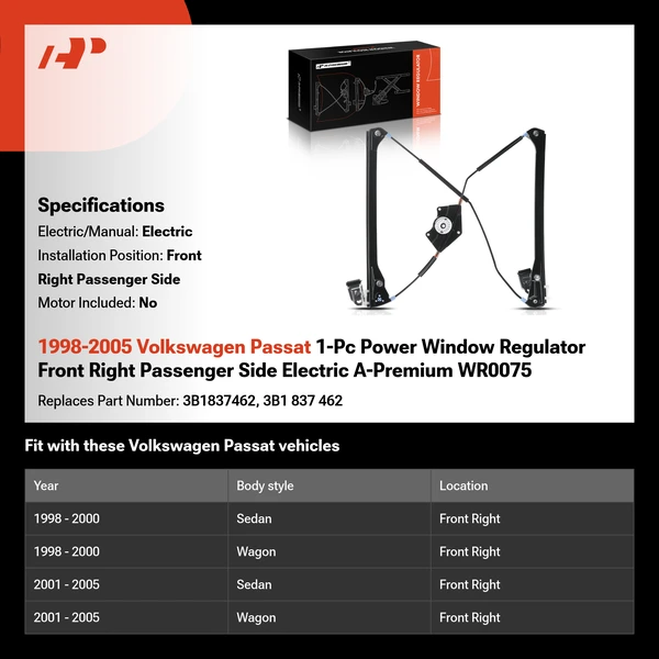 1998-2005 Volkswagen Passat 1-Pc Power Window Regulator Front Right Passenger Side Electric A-Premium WR0075