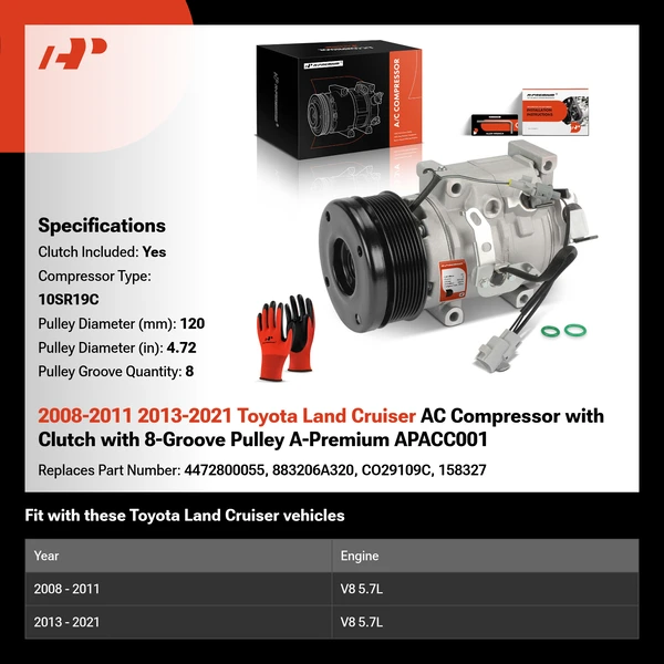 2008-2011 2013-2021 Toyota Land Cruiser AC Compressor with Clutch with 8-Groove Pulley A-Premium APACC001