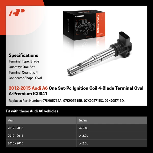 2012-2015 Audi A6 One Set-Pc Ignition Coil 4-Blade Terminal Oval A-Premium IC0041