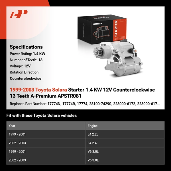 1999-2003 Toyota Solara Starter 1.4 KW 12V Counterclockwise 13 Teeth A-Premium APSTR081